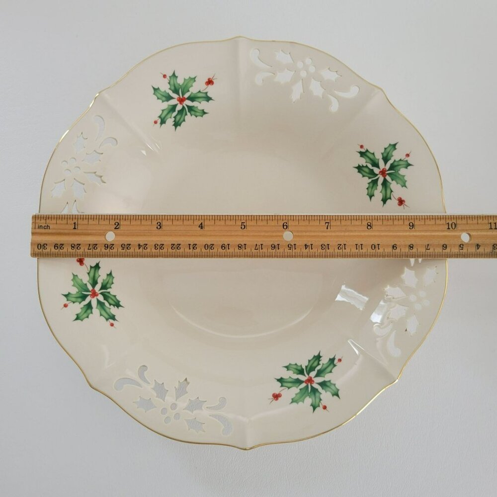 Lenox Holiday Pierced Low Bowl, Gold Trim Christmas Holly Design, Festive Dining - Picture 11 of 12